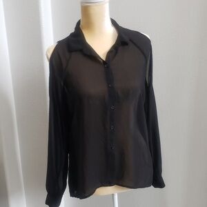 Ambience Apparel sheer  sheer black cold shoulder, button up medium